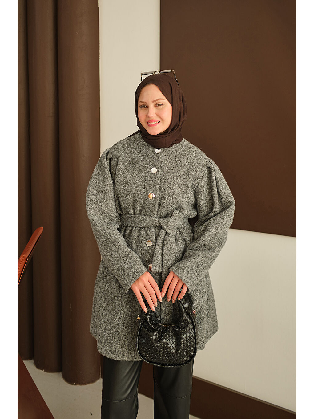 Kadın Beli Lastikli Pelüş Kaşe Kaban Gri-2