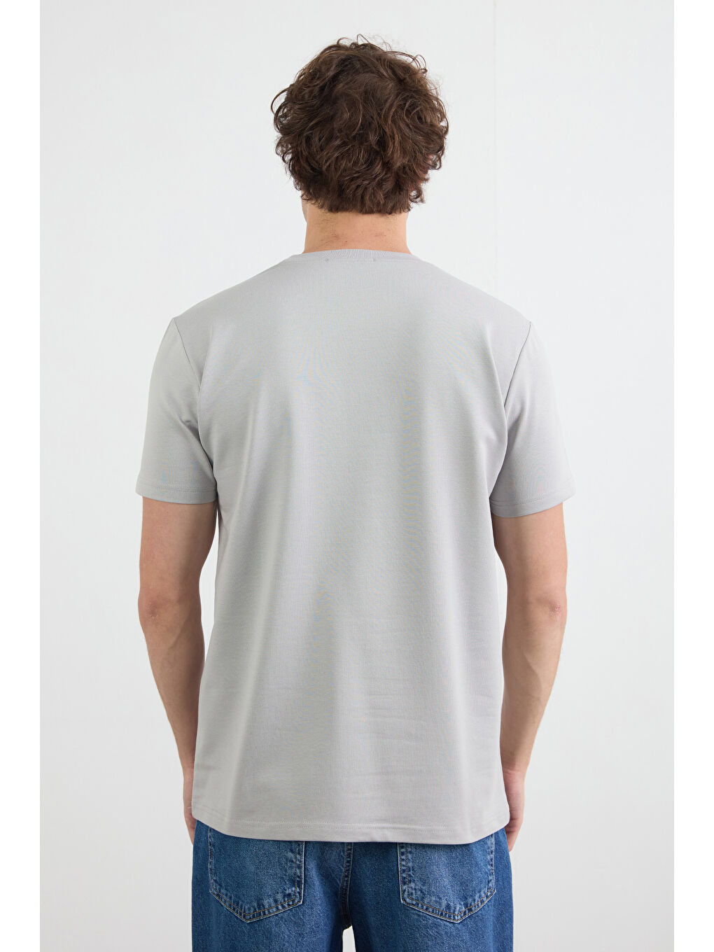 Gri Silence Nakışlı Bisiklet Yaka Tişört-3