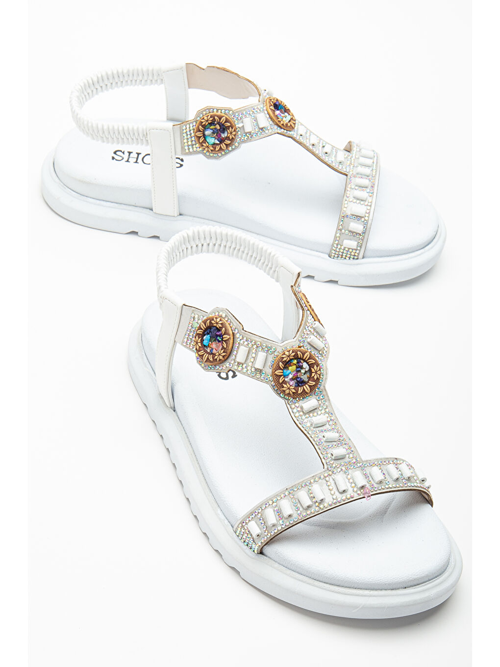 Kadın Beyaz Arkası Lastikli Taş İşlemeli Sandalet-1