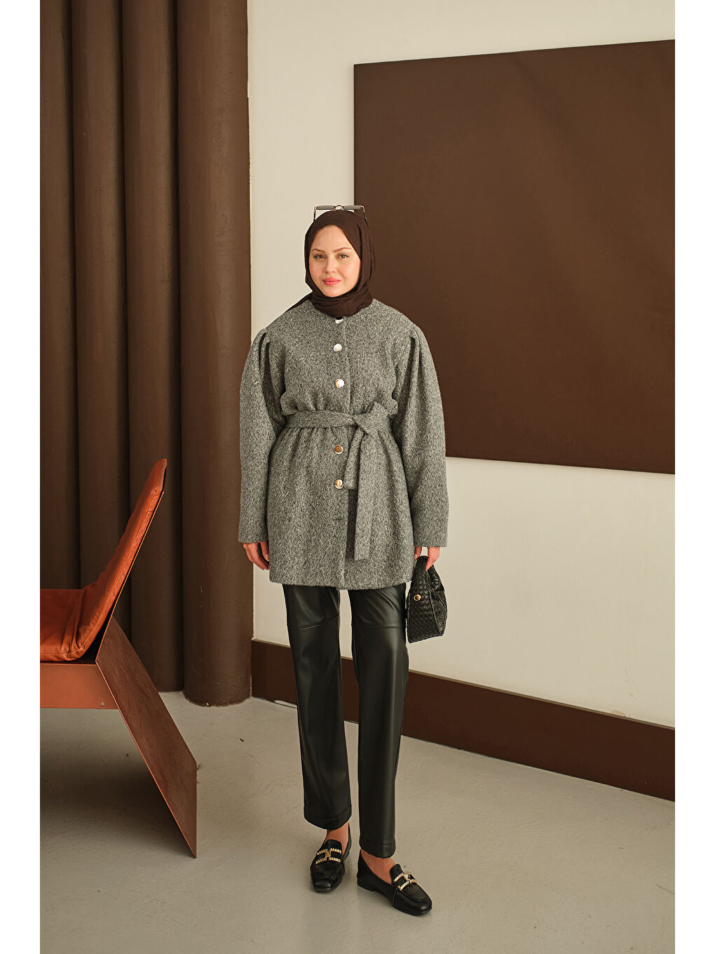 Kadın Beli Lastikli Pelüş Kaşe Kaban Gri-3