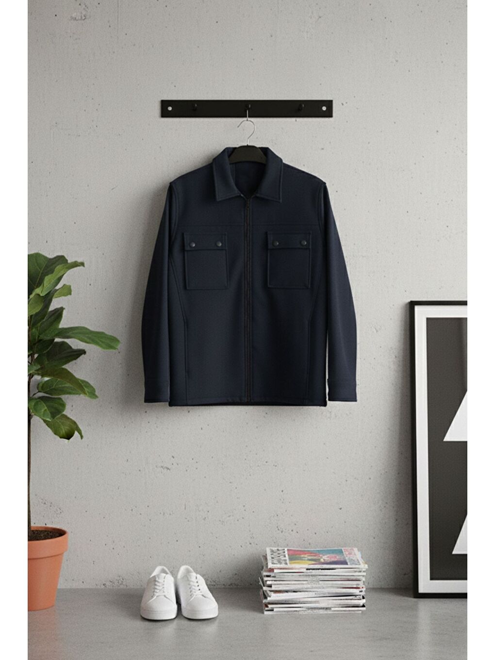 Lacivert Erkek Ön Fermuarlı Çift Cepli Mevsimlik Mont-2