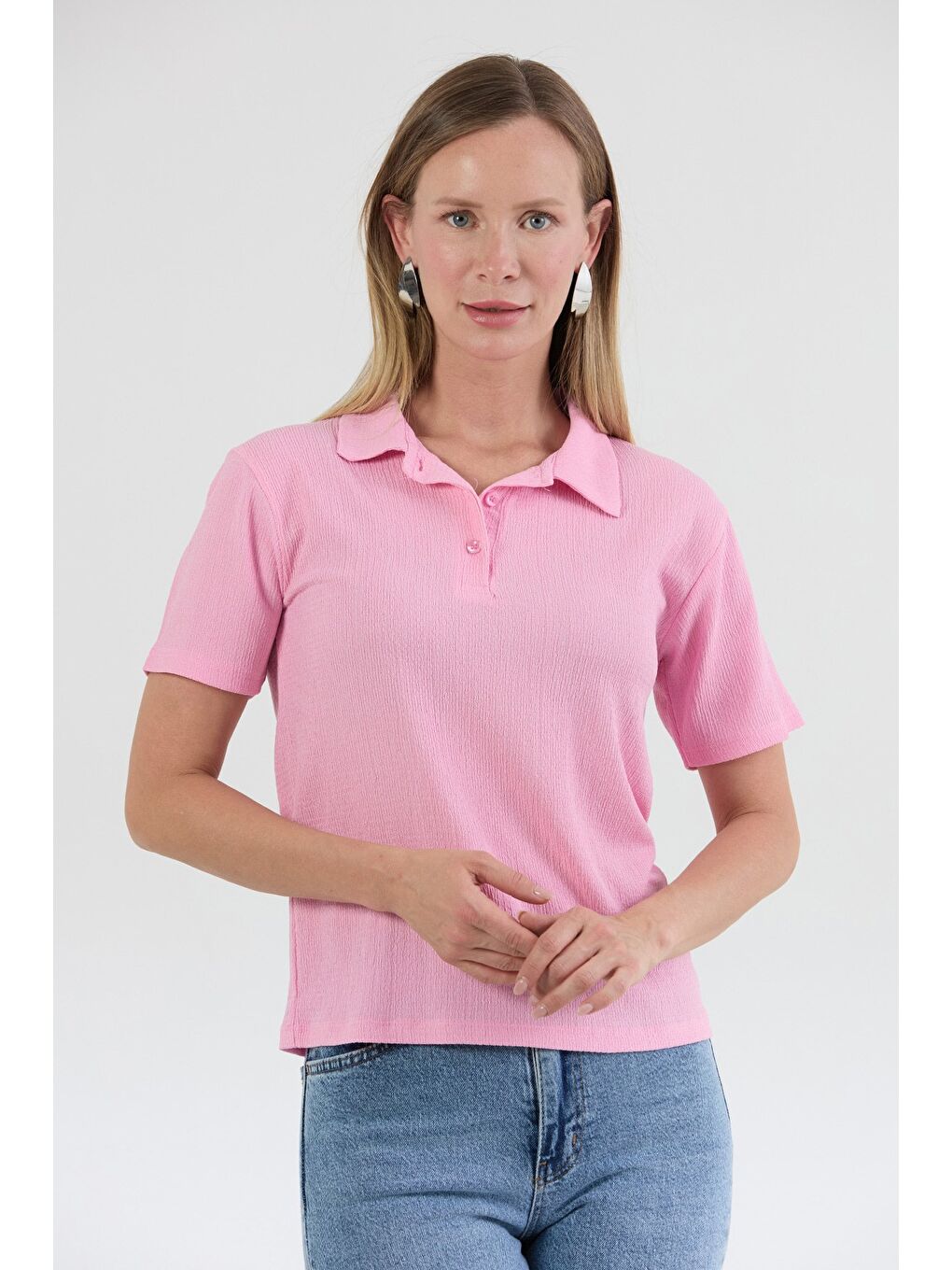 Pembe Bürümcük Kumaş Düğmeli Polo Yaka Tişört
