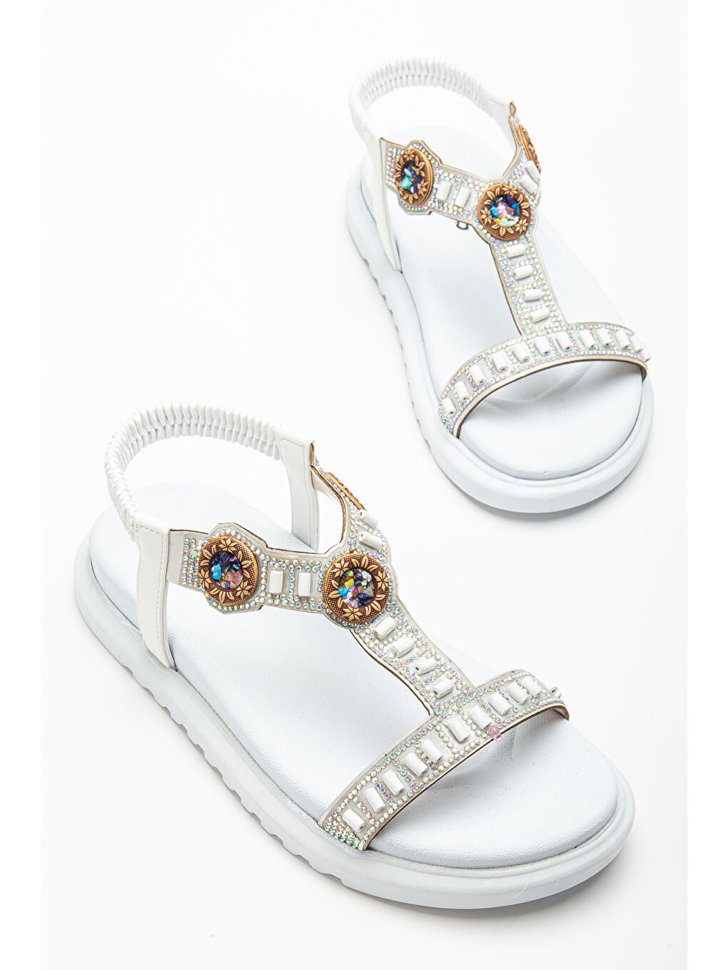 Kadın Beyaz Arkası Lastikli Taş İşlemeli Sandalet-2