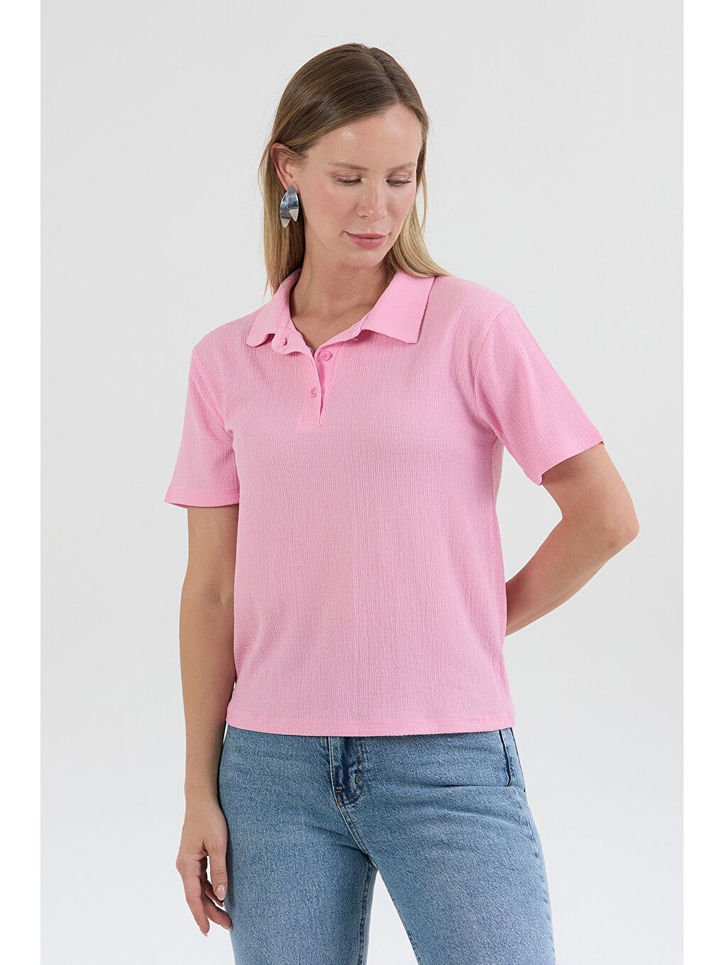Pembe Bürümcük Kumaş Düğmeli Polo Yaka Tişört-2