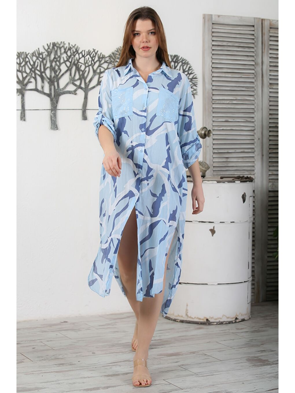 Mavi İtalyan Gömlek Yaka Düğmeli Uzun Kollu Cepli Pul Payetli Dokuma Yazlık Elbise 130 65-2