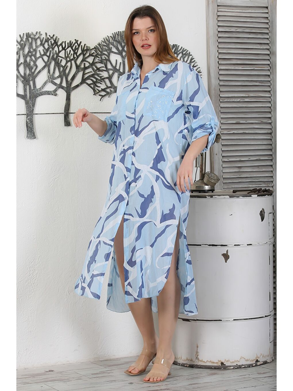 Mavi İtalyan Gömlek Yaka Düğmeli Uzun Kollu Cepli Pul Payetli Dokuma Yazlık Elbise 130 65-4