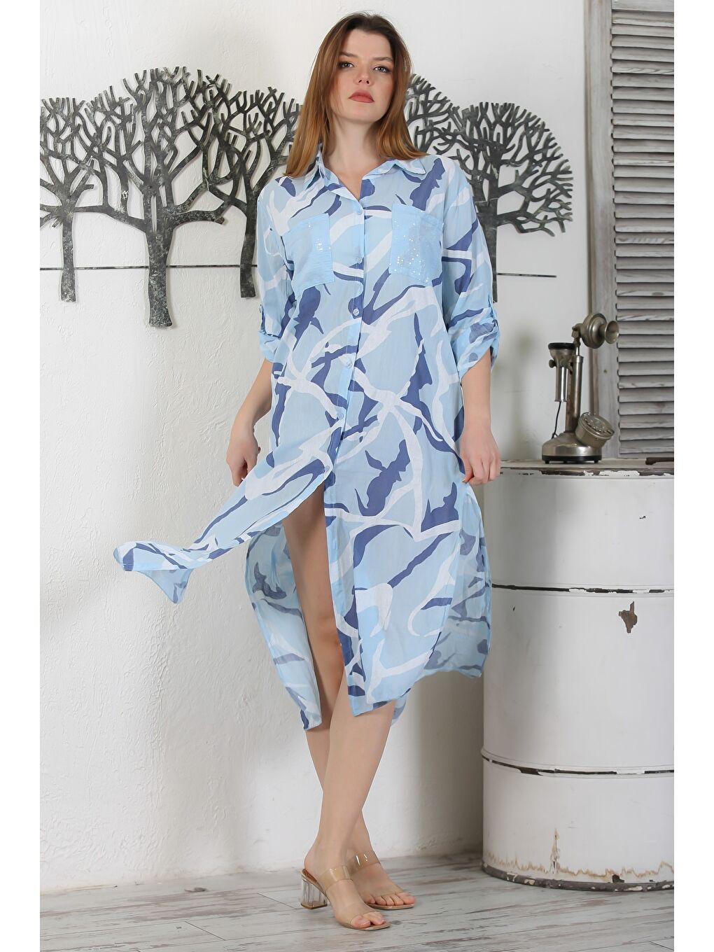 Mavi İtalyan Gömlek Yaka Düğmeli Uzun Kollu Cepli Pul Payetli Dokuma Yazlık Elbise 130 65-6