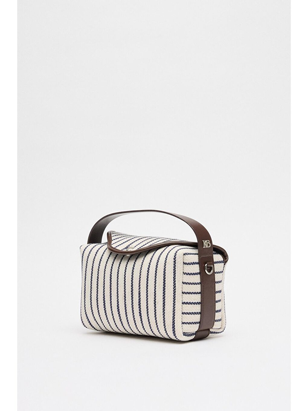 Beyaz Kanvas Deri Detaylı Kapaklı Çanta Çizgili-4