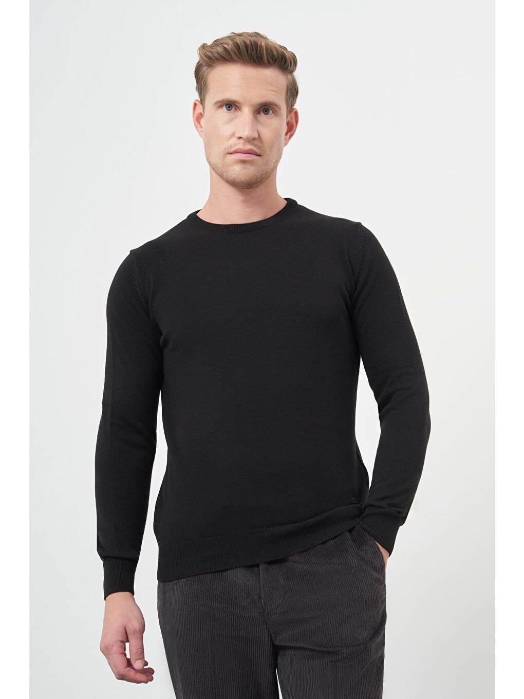 Siyah Uzun Kol Düz Örme Bisiklet Yaka Classic Comfort Fit Triko 1012245006