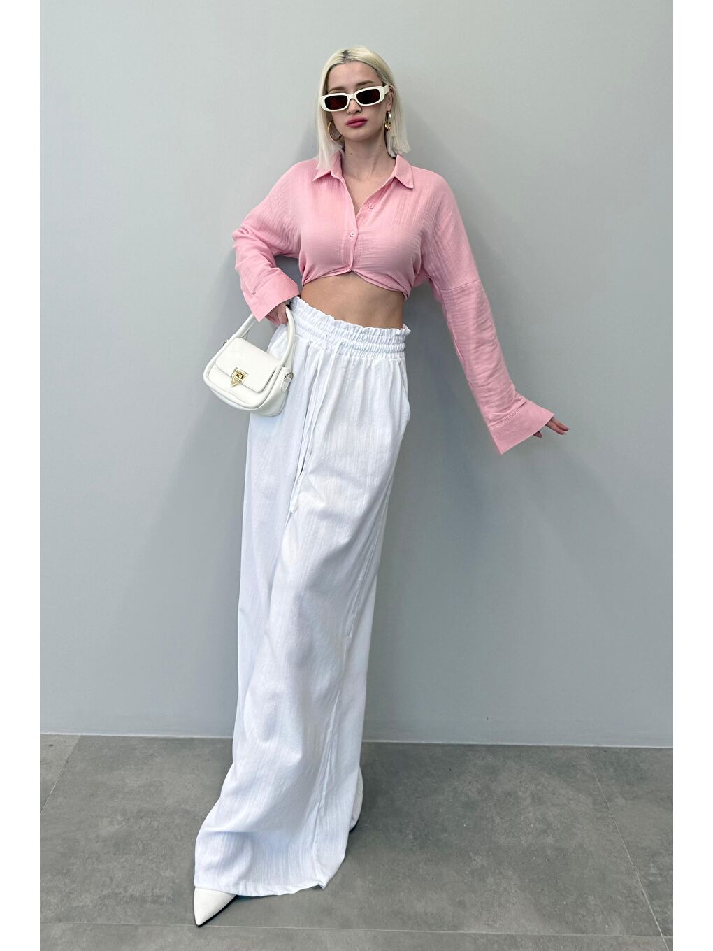 Beyaz Beli Büzgülü Bol Paça Kadın Pantolon Mg2011-2