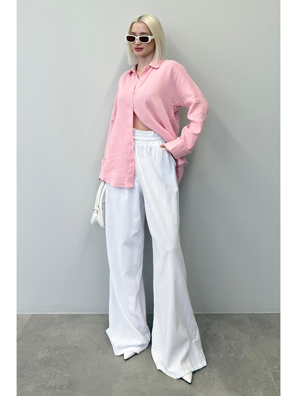 Beyaz Beli Büzgülü Bol Paça Kadın Pantolon Mg2011-3