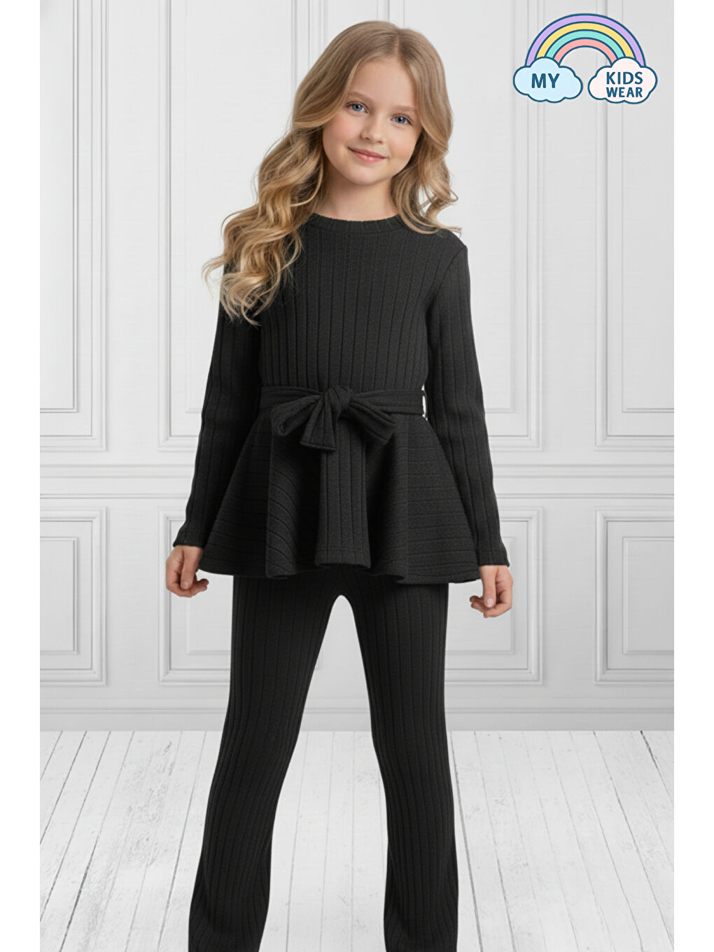 Siyah Kız Çocuk Kuşaklı Kalın Fitilli İkili Takım 7-16 Yaş 12304-1