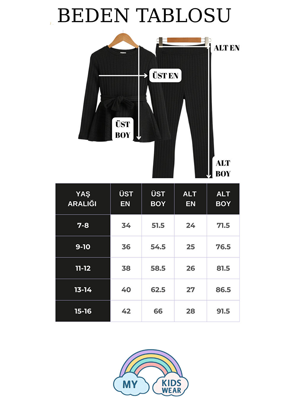 Siyah Kız Çocuk Kuşaklı Kalın Fitilli İkili Takım 7-16 Yaş 12304-3