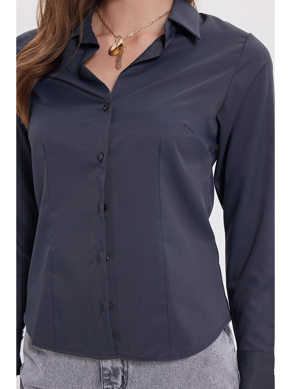 Kadın Slim Fit Dar Kesim Pensli Vucüda Oturan Klasik Yaka Uzun Kollu Elastanlı Antrasit Gömlek-3