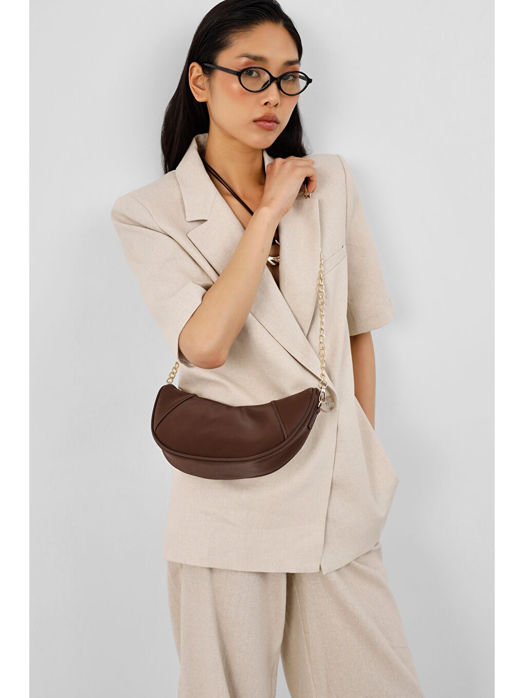 Kahverengi Mode Zincirli Ay Çapraz Çanta Kahve-1