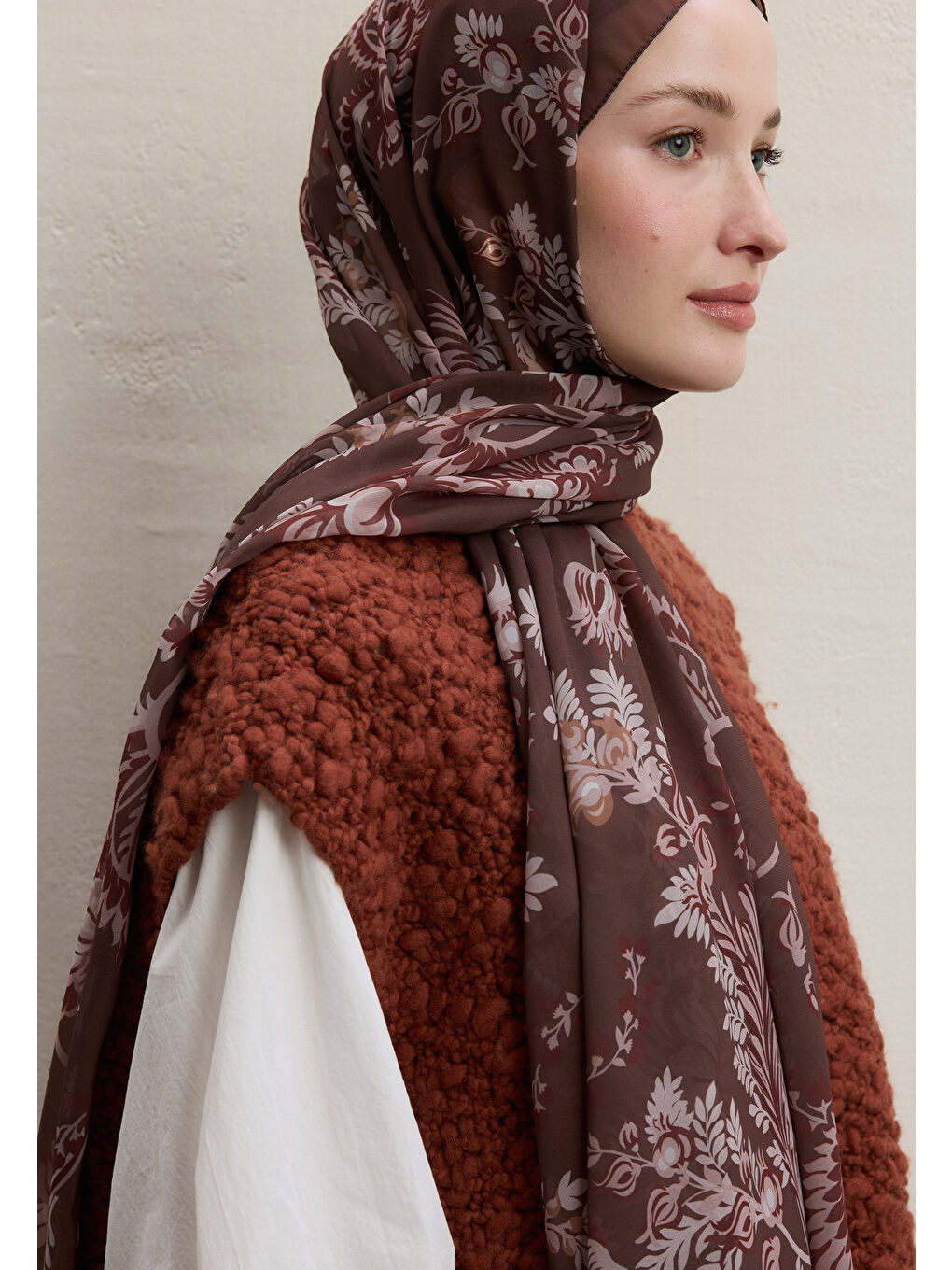 Kahverengi Rosella Desen İpek Krep Şal Kahve-3