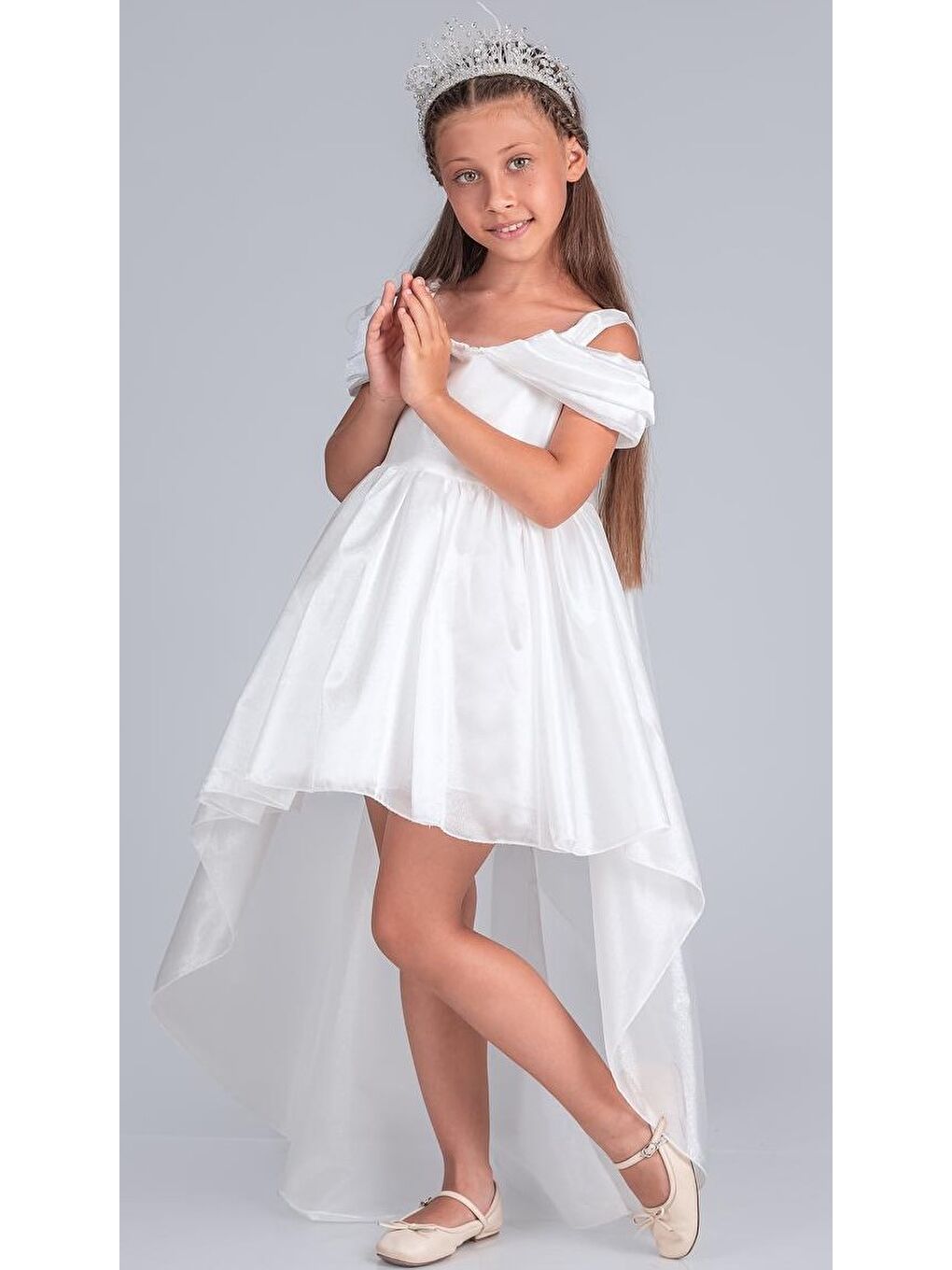 Beyaz Kız Çocuk Düşük Omuz Detaylı Işıltılı Prenses Elbisesi M00760