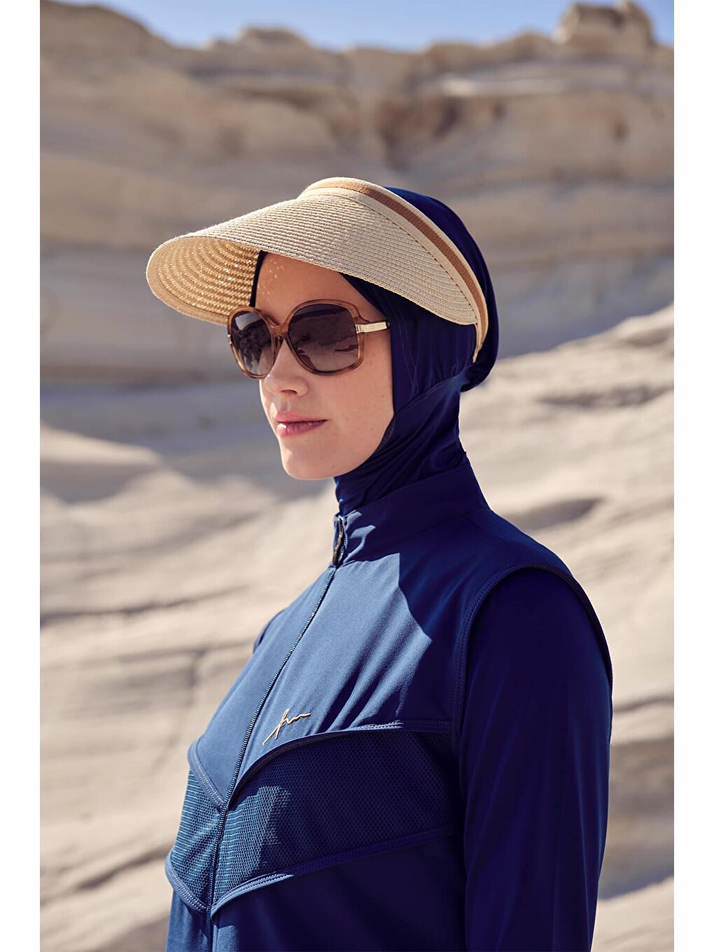 Şeritli Bej Vizör Hasır Plaj Şapkası-1