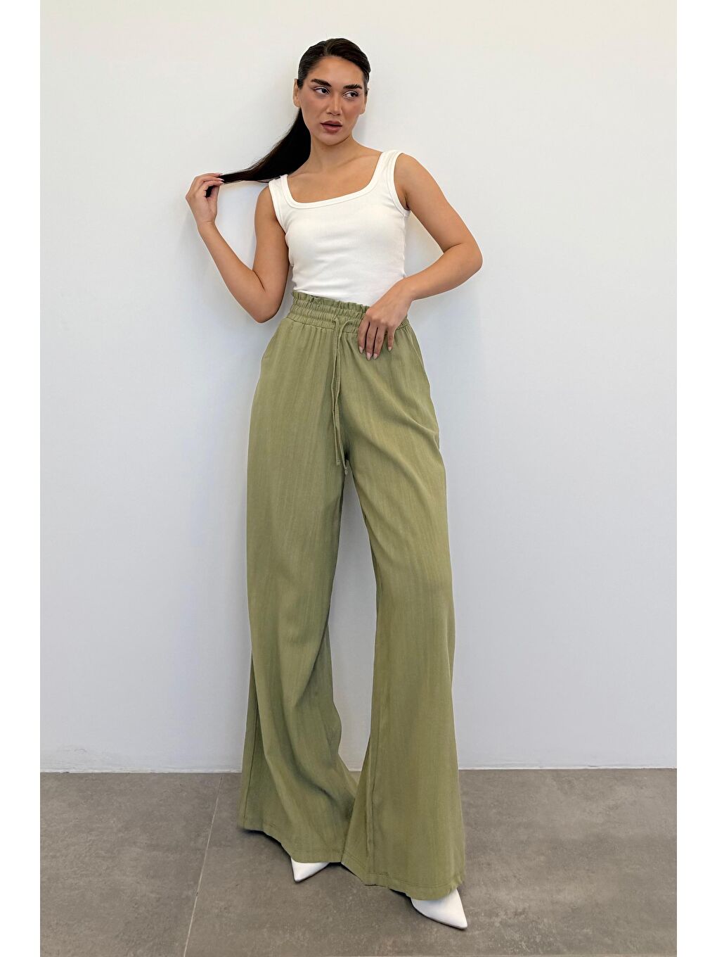 Mint Yeşili Beli Büzgülü Bol Paça Kadın Pantolon Mg2011-1