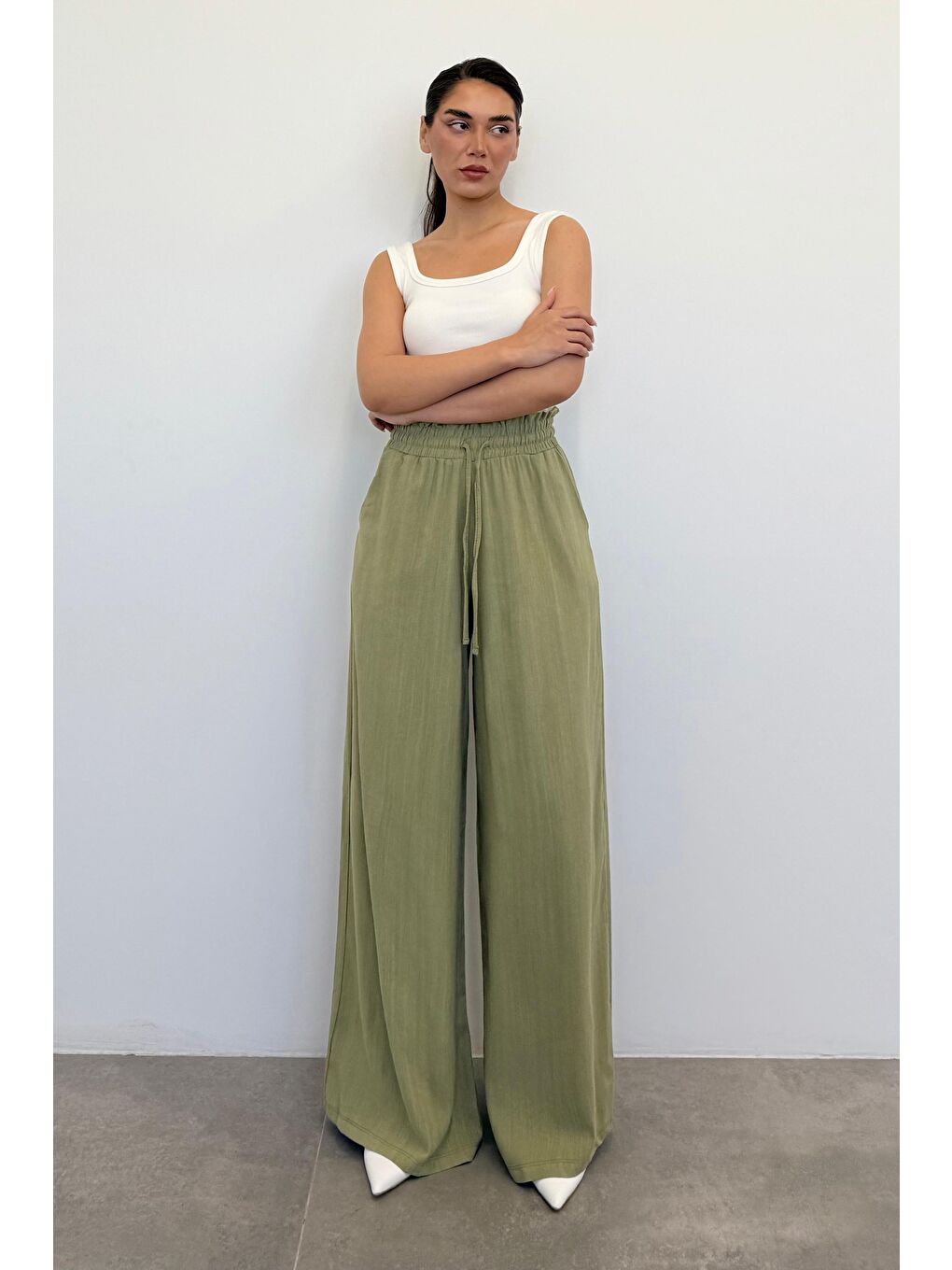 Mint Yeşili Beli Büzgülü Bol Paça Kadın Pantolon Mg2011-2