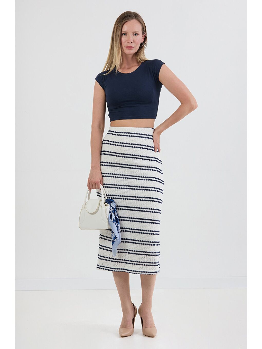 Lacivert Çizgili Beli Lastikli Triko Etek
