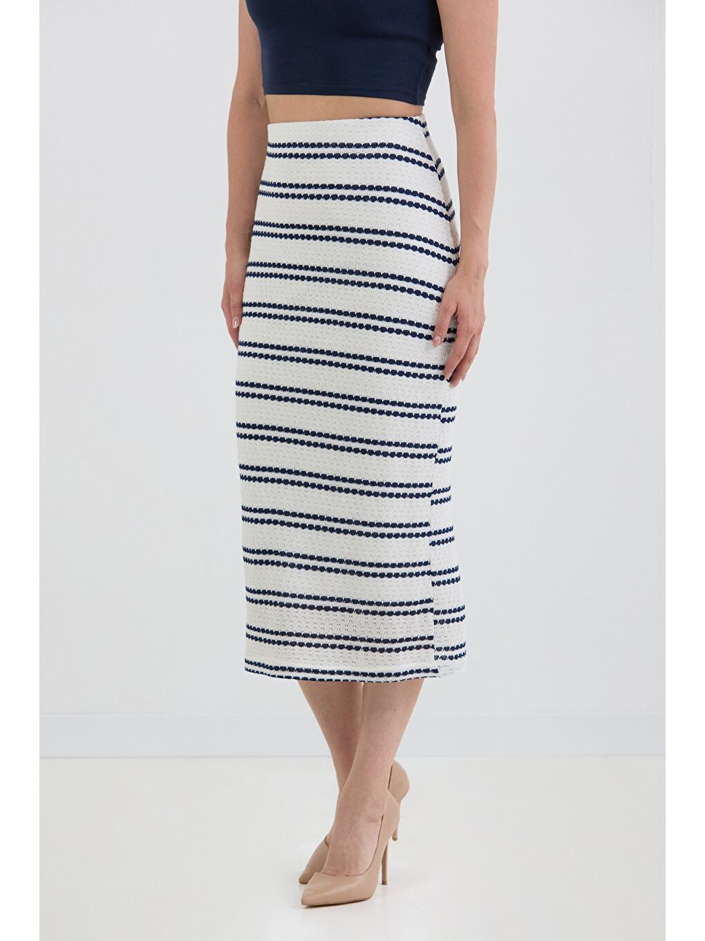 Lacivert Çizgili Beli Lastikli Triko Etek-1