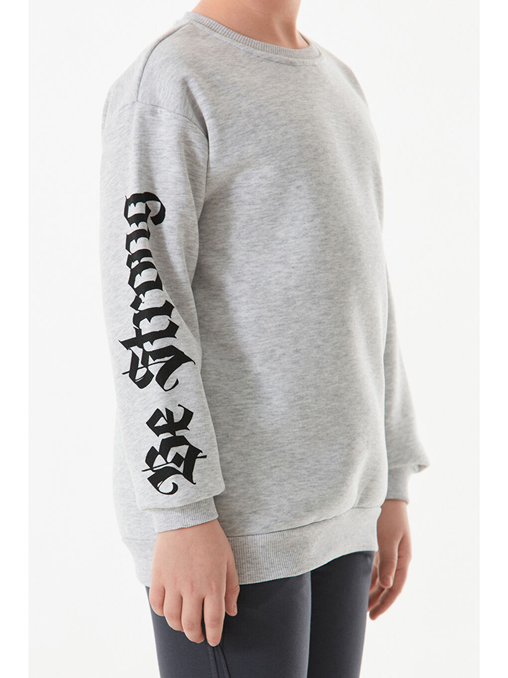 Gri Kolu Be Strong Yazı Baskılı Bisiklet Yaka Erkek Çocuk Sweatshirt-2