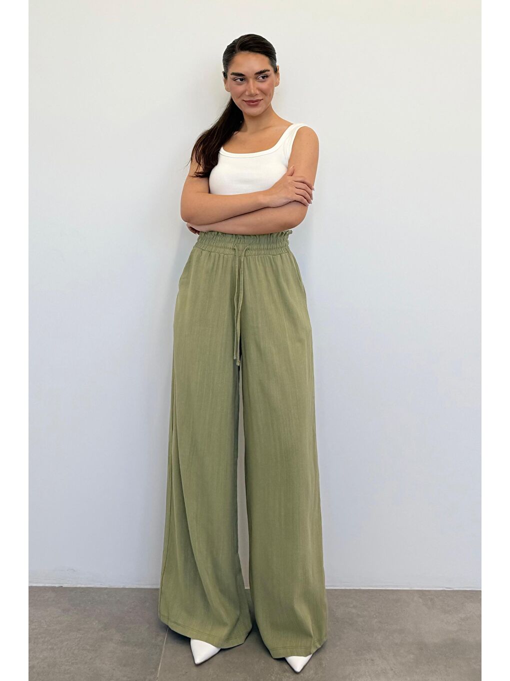 Mint Yeşili Beli Büzgülü Bol Paça Kadın Pantolon Mg2011-4