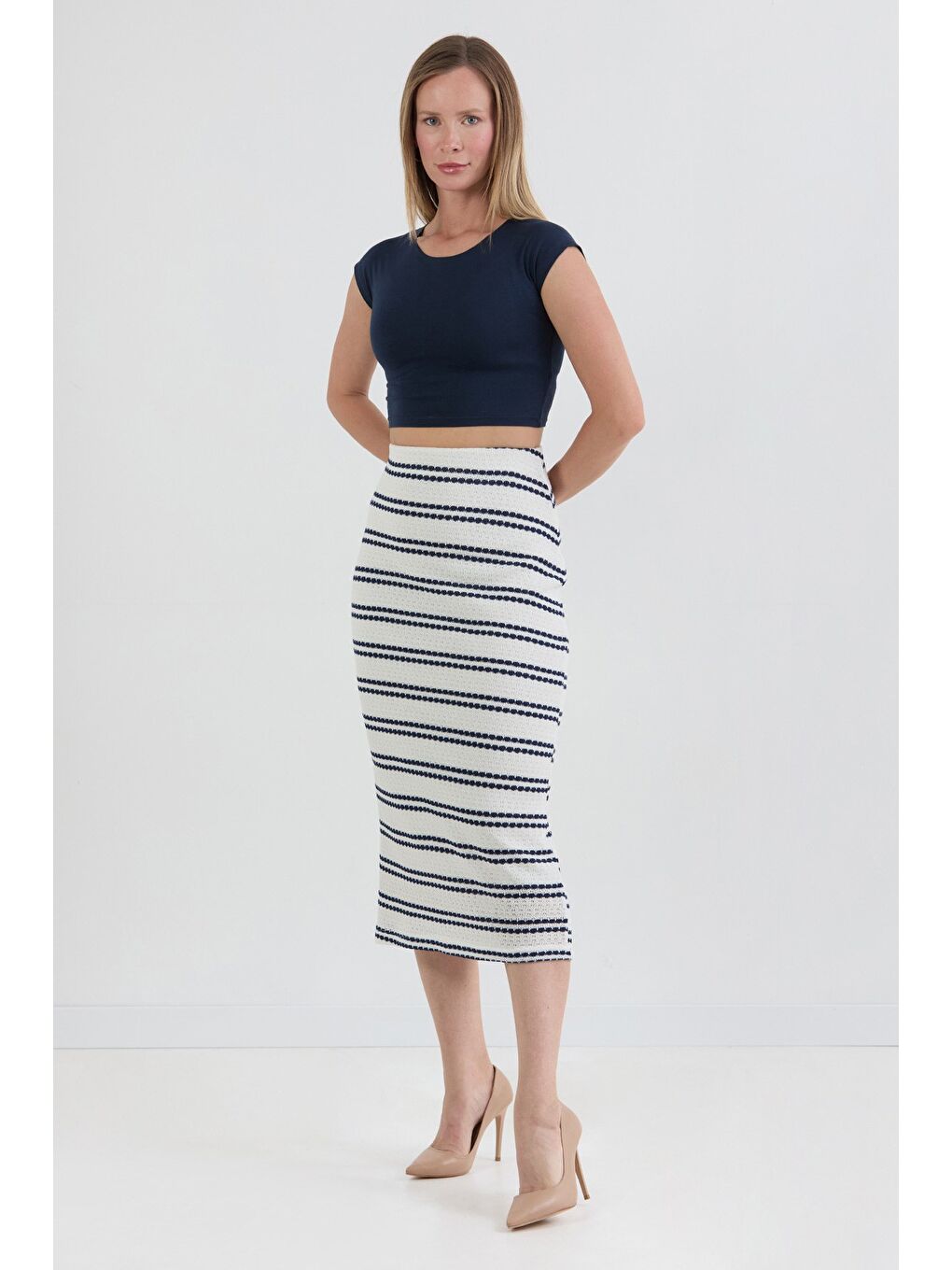 Lacivert Çizgili Beli Lastikli Triko Etek-2