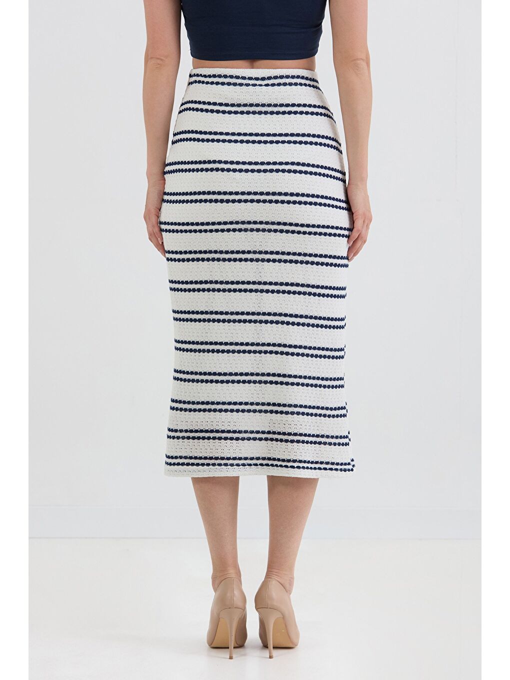 Lacivert Çizgili Beli Lastikli Triko Etek-3