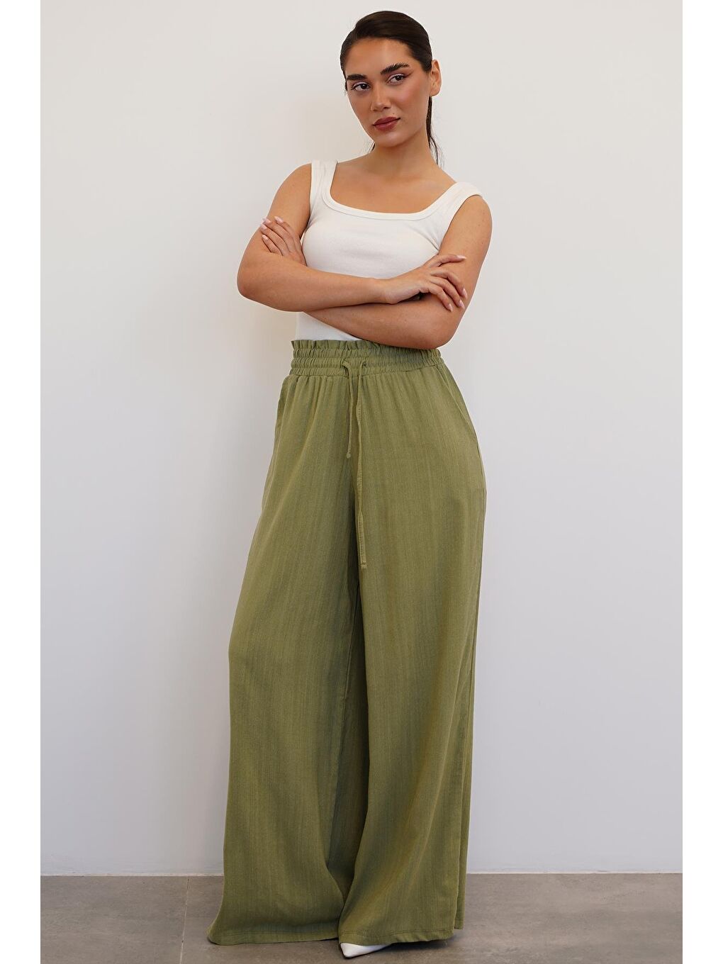 Mint Yeşili Beli Büzgülü Bol Paça Kadın Pantolon Mg2011-6