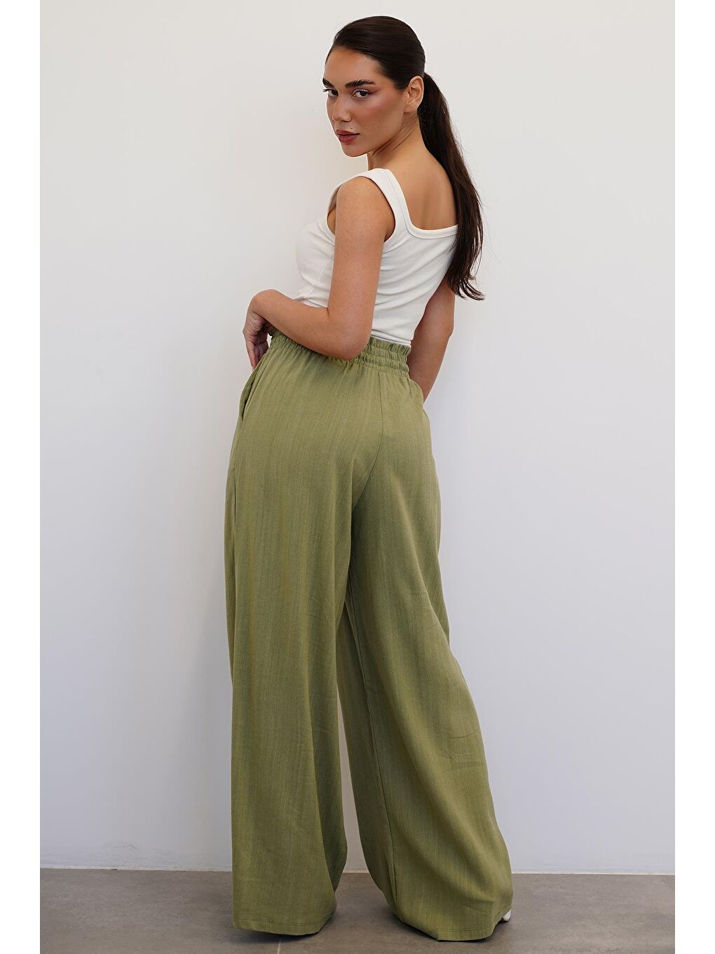 Mint Yeşili Beli Büzgülü Bol Paça Kadın Pantolon Mg2011-7