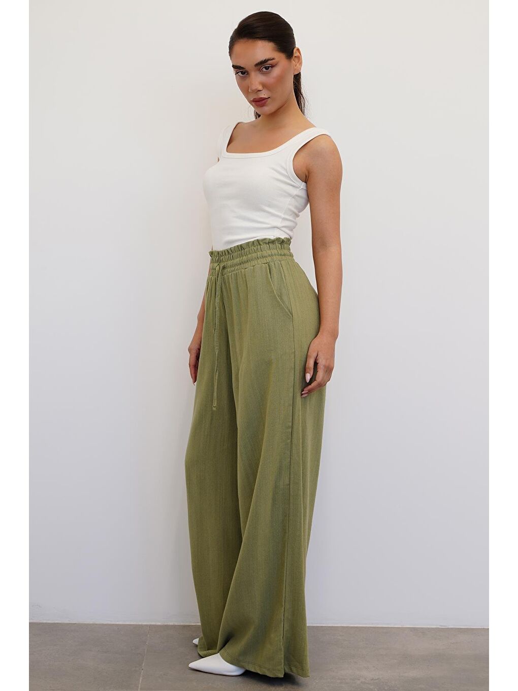Mint Yeşili Beli Büzgülü Bol Paça Kadın Pantolon Mg2011-8