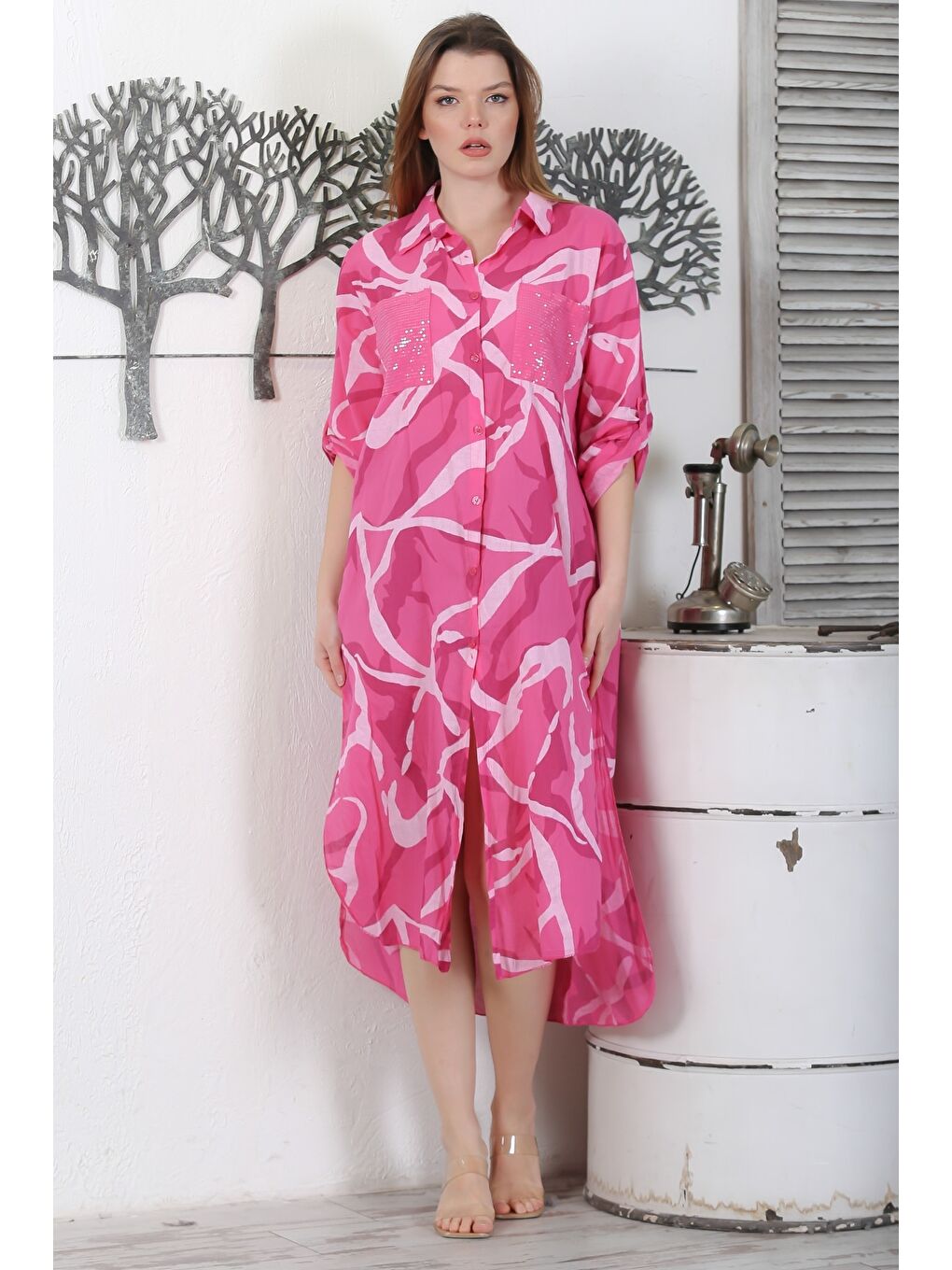 İtalyan Fuşya Gömlek Yaka Düğmeli Uzun Kollu Cepli Pul Payetli Dokuma Yazlık Elbise 130 65-1