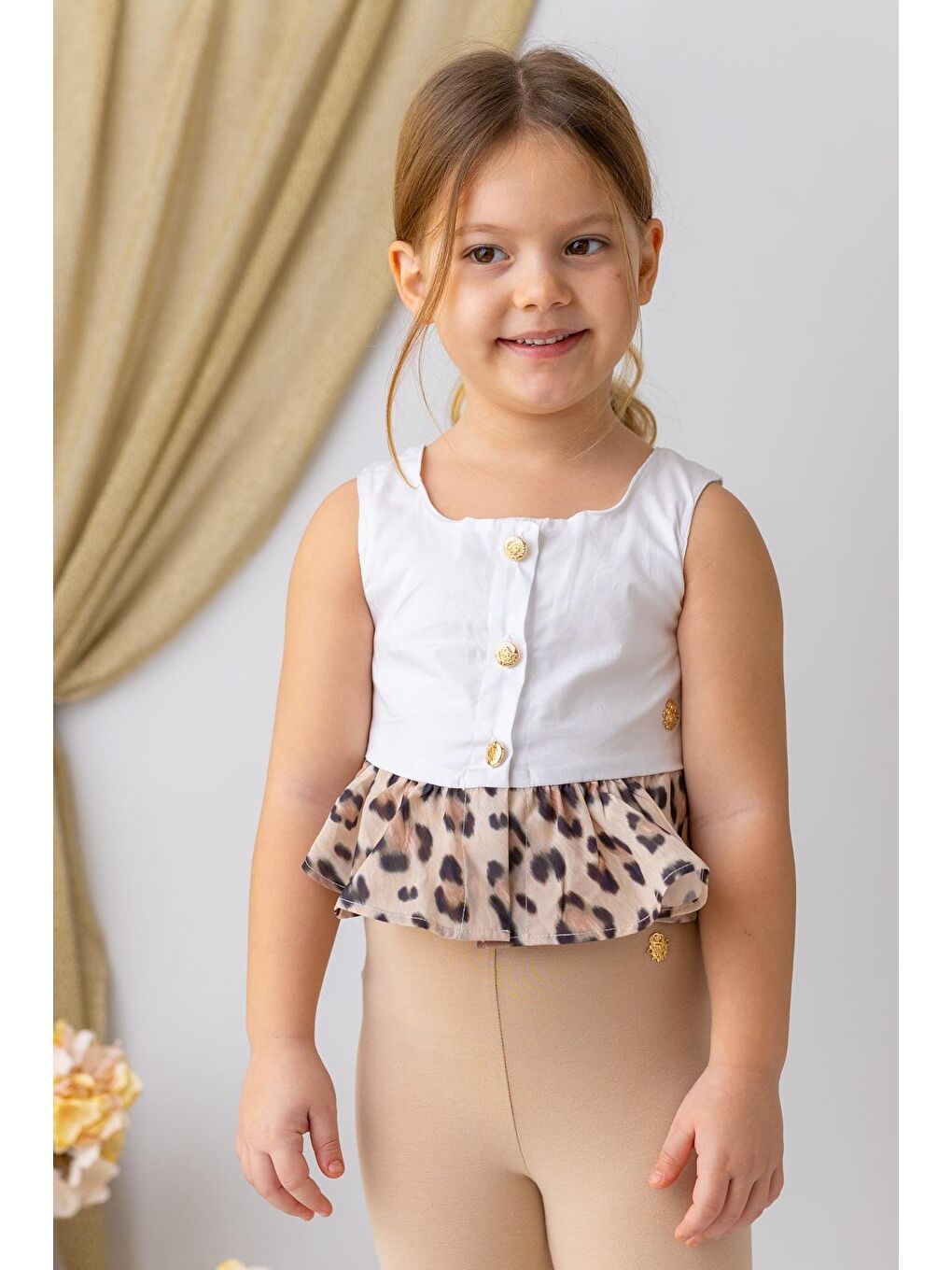 Kız Çocuk Düğme Detaylı Kolsuz Bluz - Beyaz-2