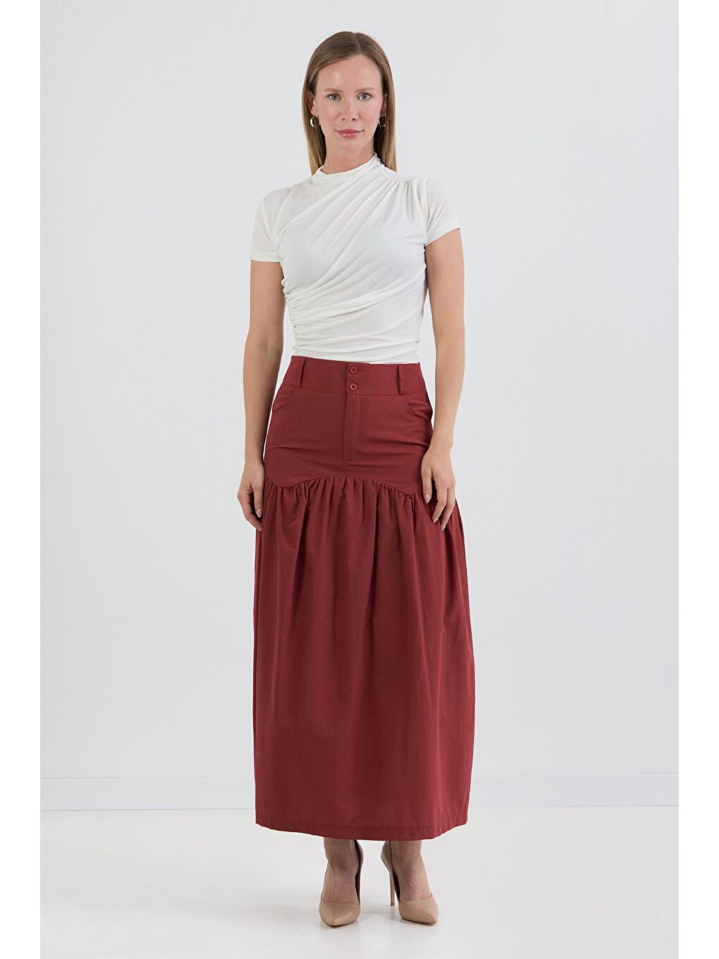 Bordo Düğmeli Cepli Terikoton Etek-1