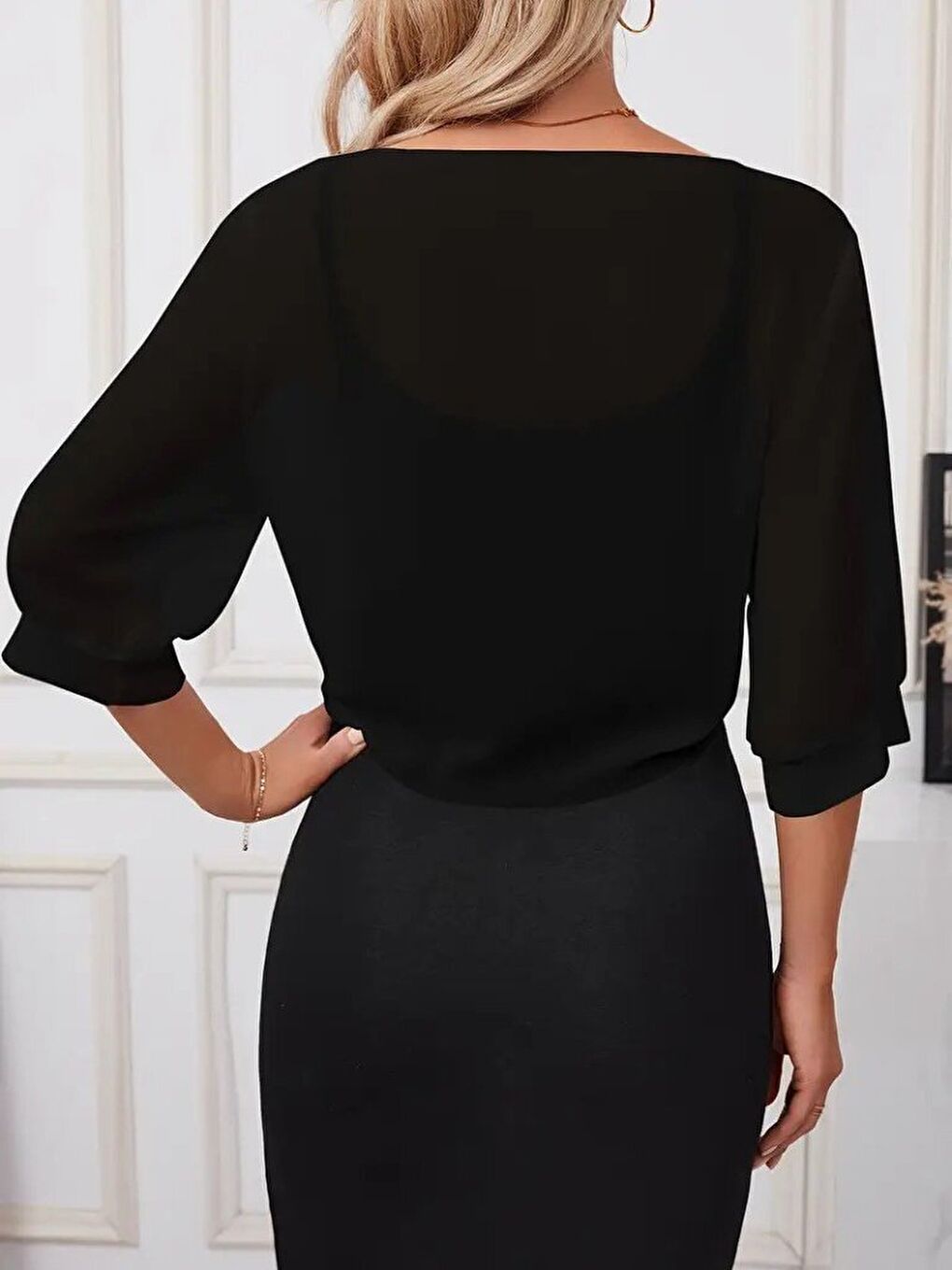 Siyah Kadın Truvakar Kol önden Bağlamalı Kısa şifon Bolero Ceket-1