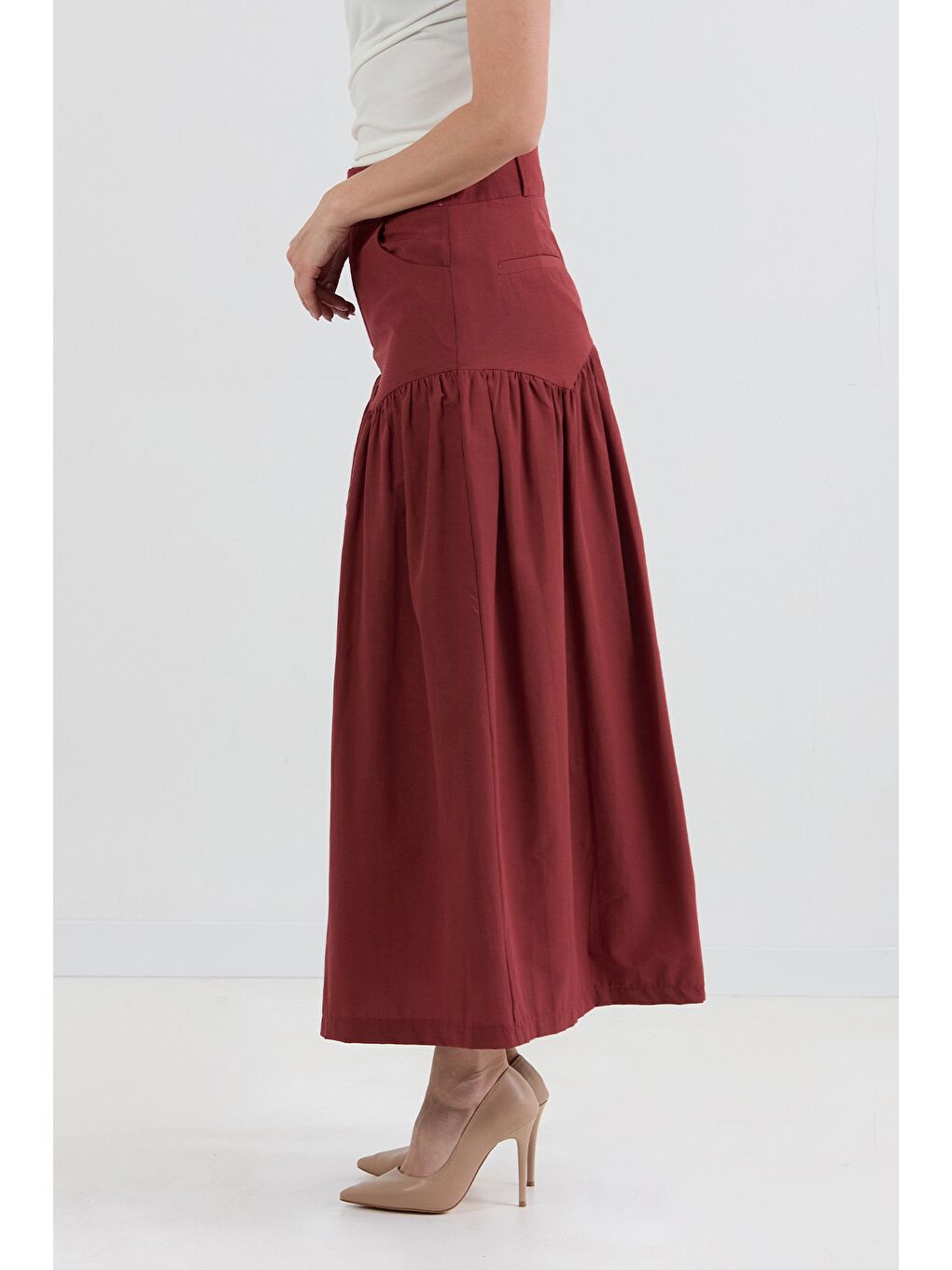 Bordo Düğmeli Cepli Terikoton Etek-2