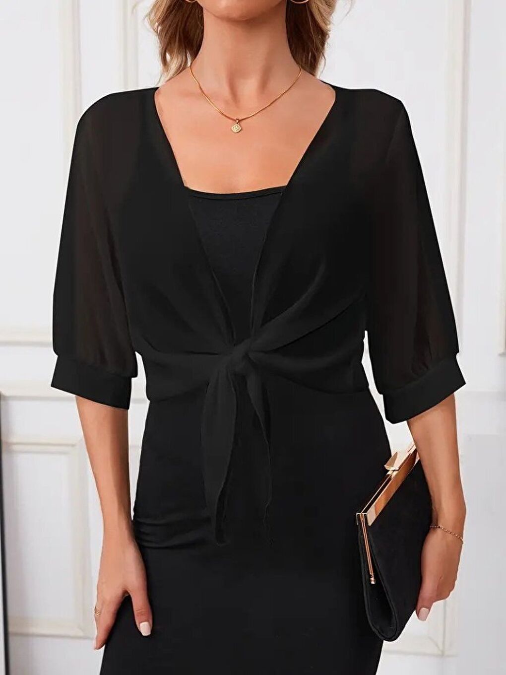 Siyah Kadın Truvakar Kol önden Bağlamalı Kısa şifon Bolero Ceket-2