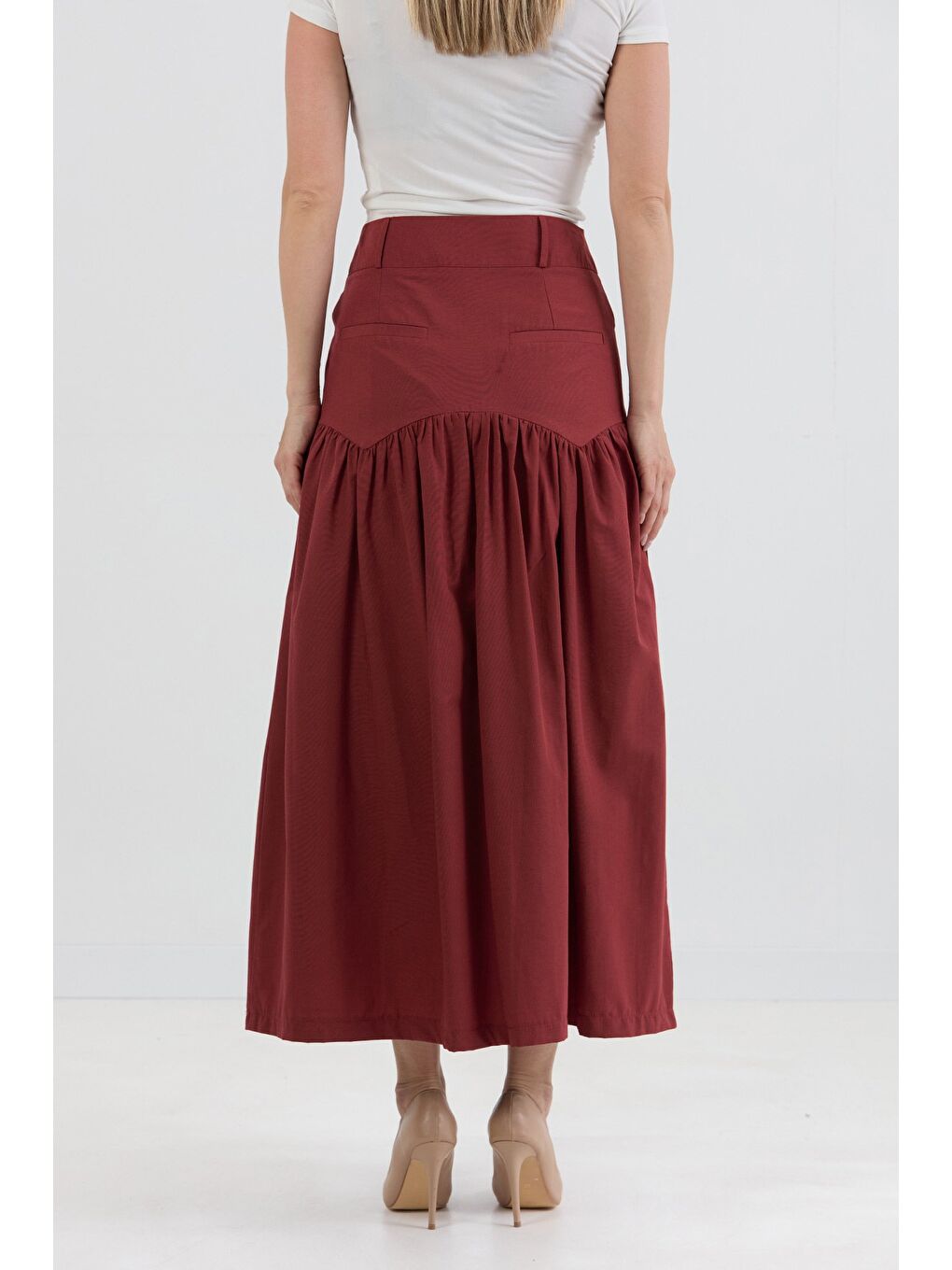 Bordo Düğmeli Cepli Terikoton Etek-3