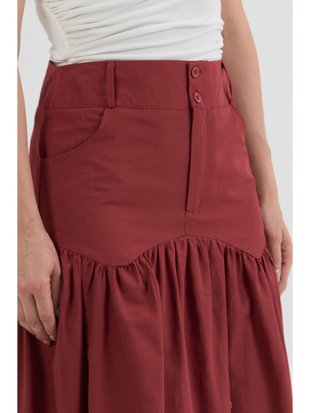 Bordo Düğmeli Cepli Terikoton Etek-4