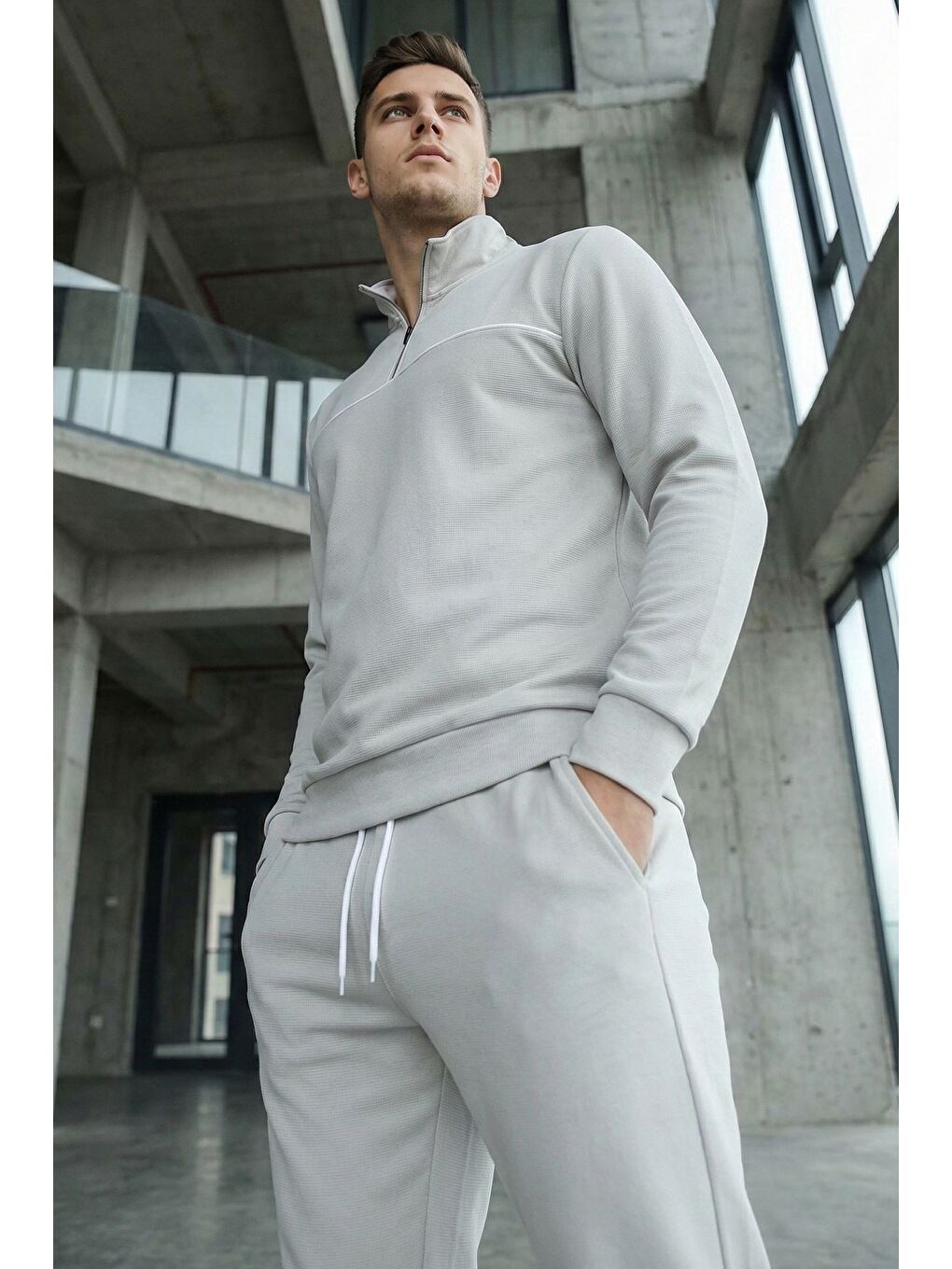 Gri Erkek Polo Yaka Yarım Fermuarlı Sweat Bel Lastikli Pantolon İkili Takım-1