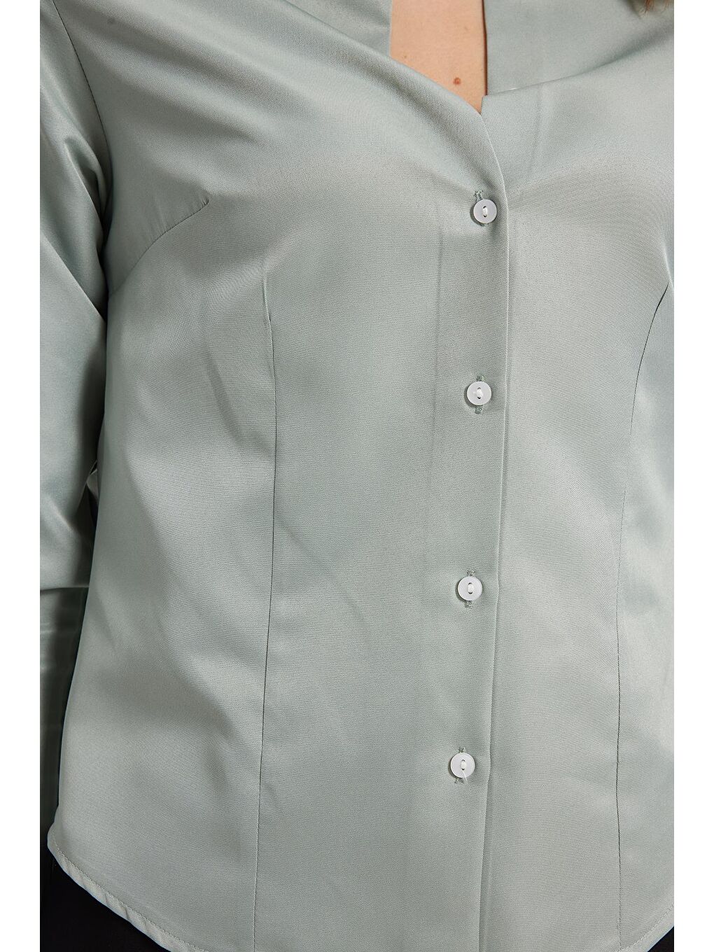 Yeşil Kadın Slim Fit Dar Kesim Pensli Vucüda Oturan Klasik Yaka Uzun Kollu Elastanlı Mint Renk Gömlek-3