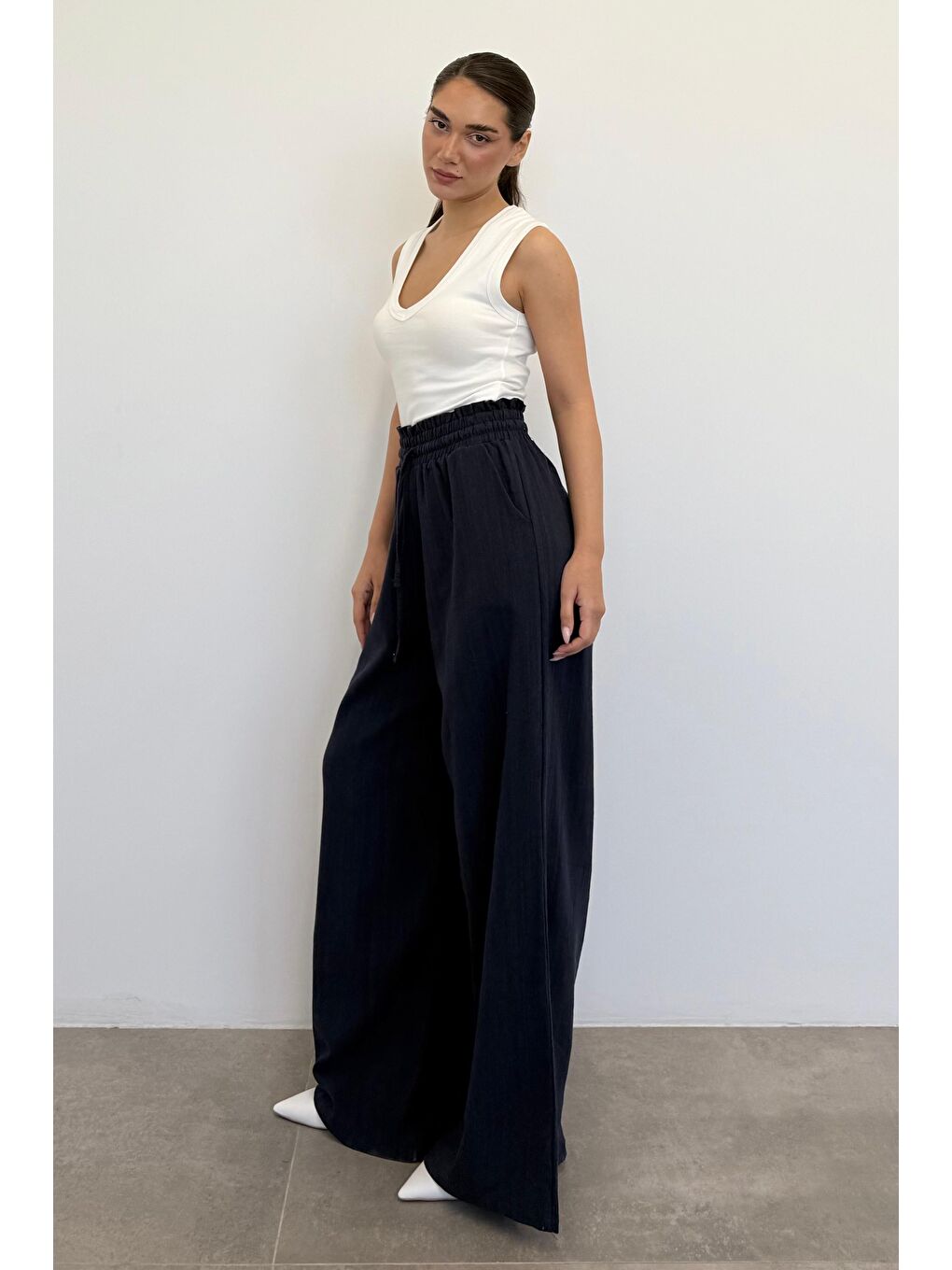 Lacivert Beli Büzgülü Bol Paça Kadın Pantolon Mg2011-1