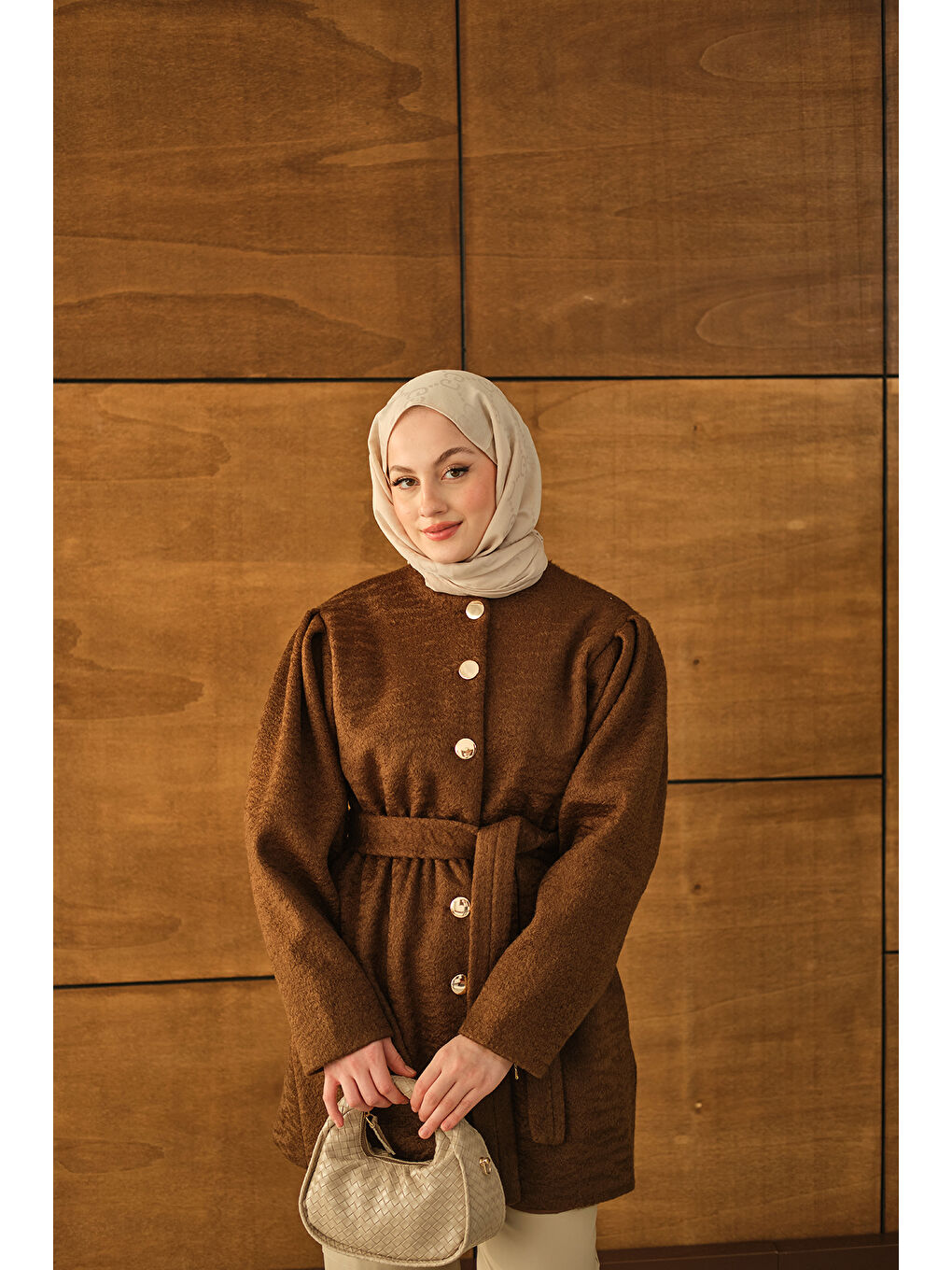 Kadın Beli Lastikli Pelüş Kaşe Kaban Kahverengi-1