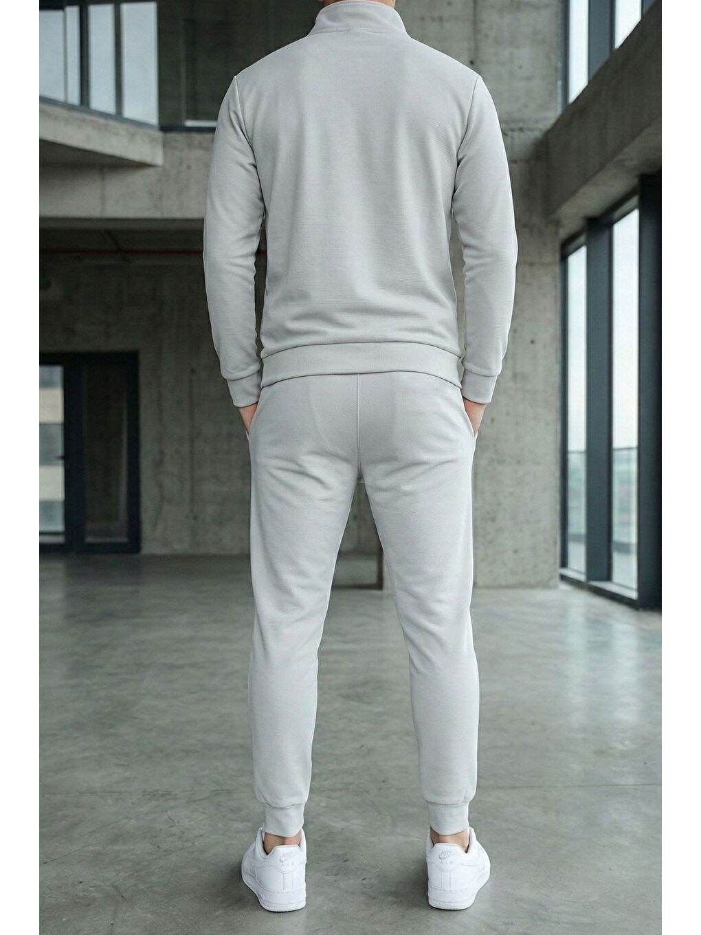 Gri Erkek Polo Yaka Yarım Fermuarlı Sweat Bel Lastikli Pantolon İkili Takım-2