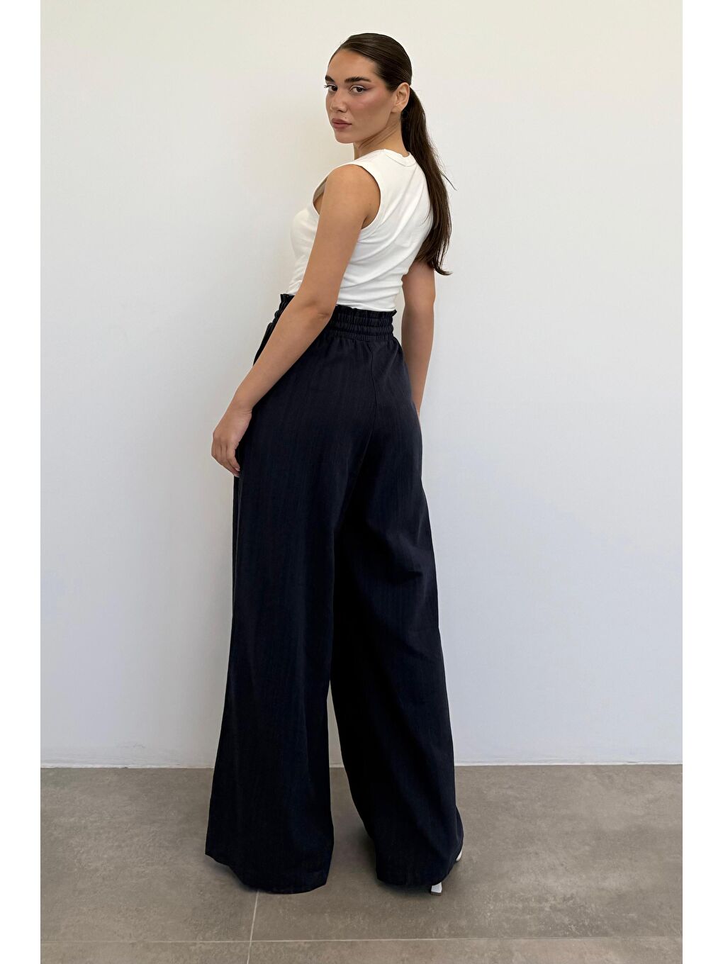 Lacivert Beli Büzgülü Bol Paça Kadın Pantolon Mg2011-2