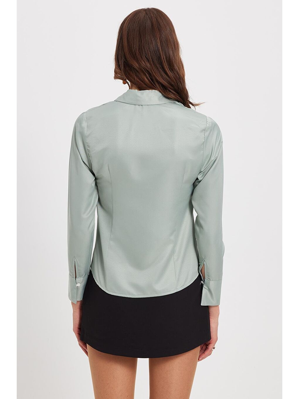 Yeşil Kadın Slim Fit Dar Kesim Pensli Vucüda Oturan Klasik Yaka Uzun Kollu Elastanlı Mint Renk Gömlek-6