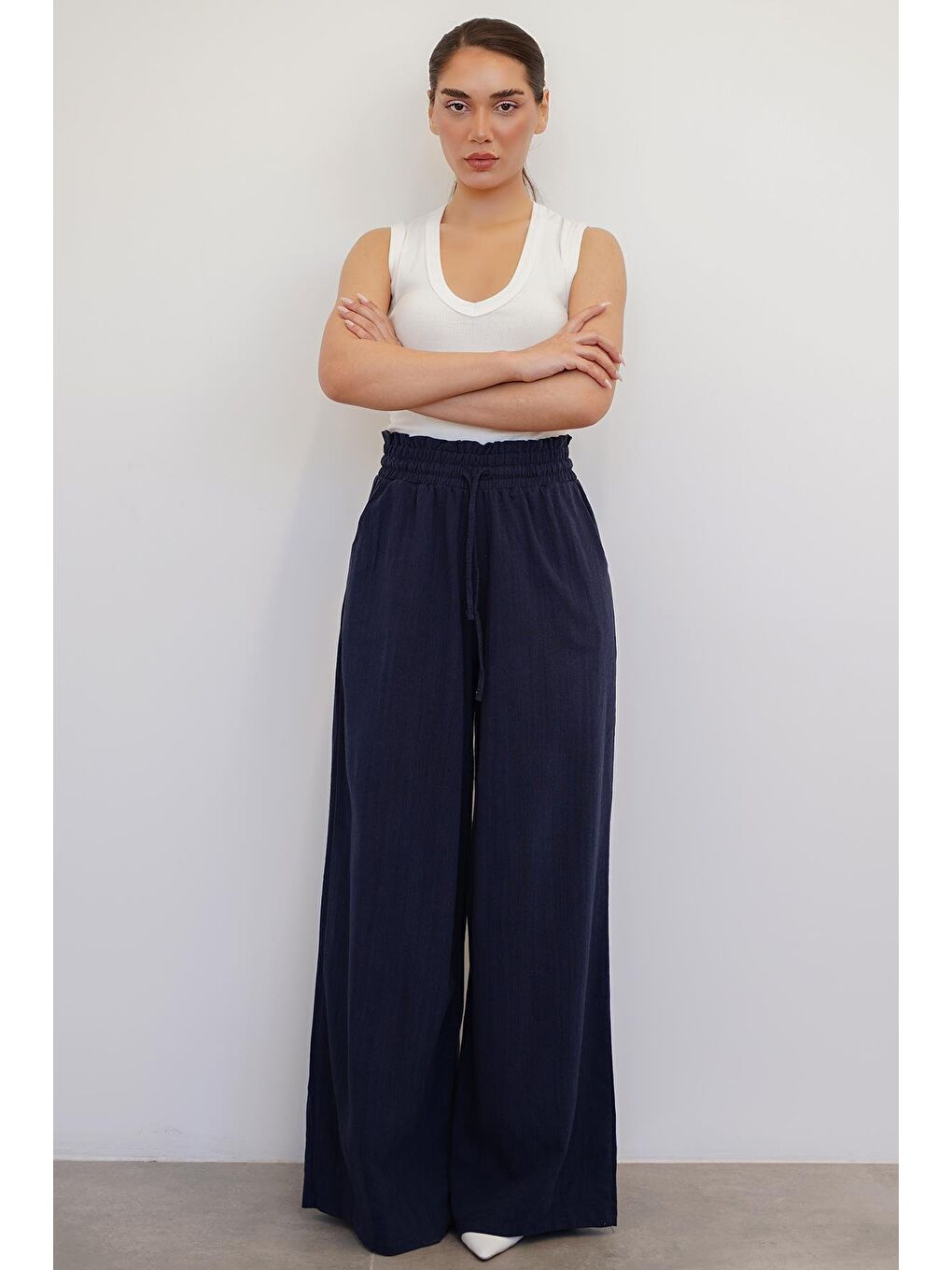 Lacivert Beli Büzgülü Bol Paça Kadın Pantolon Mg2011-3