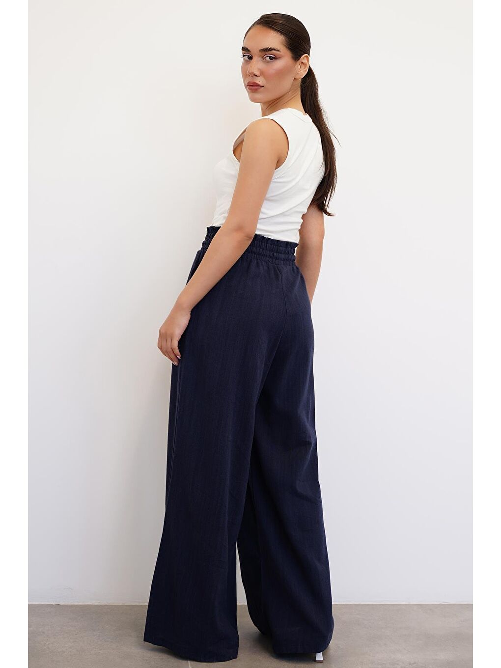 Lacivert Beli Büzgülü Bol Paça Kadın Pantolon Mg2011-4